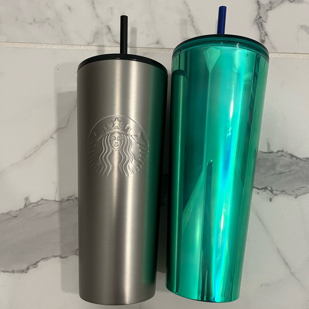 New Starbucks Cup Green Shiny Blue Straw